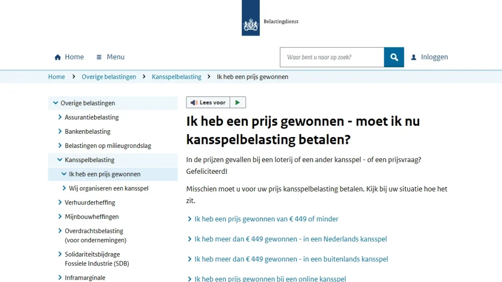 weergave van Belastingdienst-informatie over kansspelbelasting bij online kansspelen