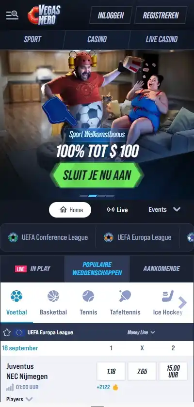 weergave van VegasHero in een mobiele browser