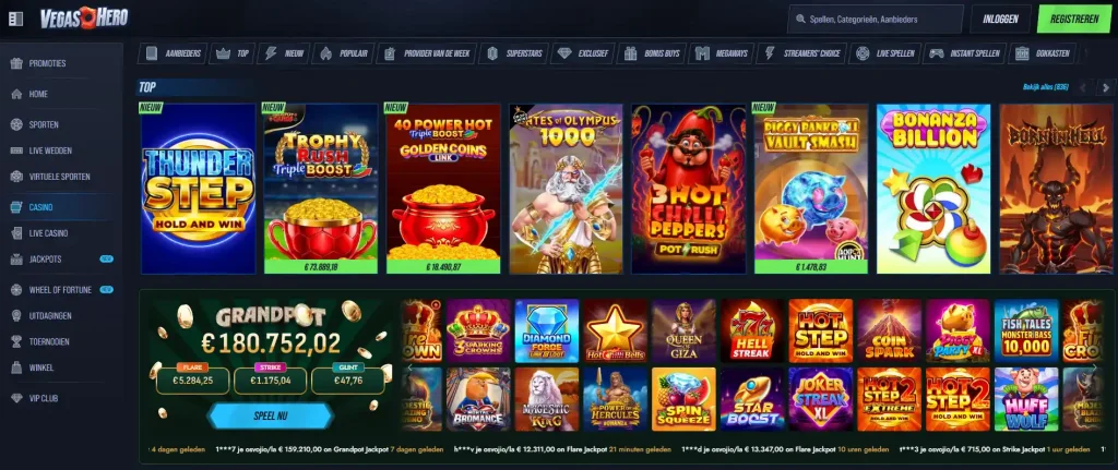 weergave van de actuele VegasHero casino-lobby met spelcategorieën