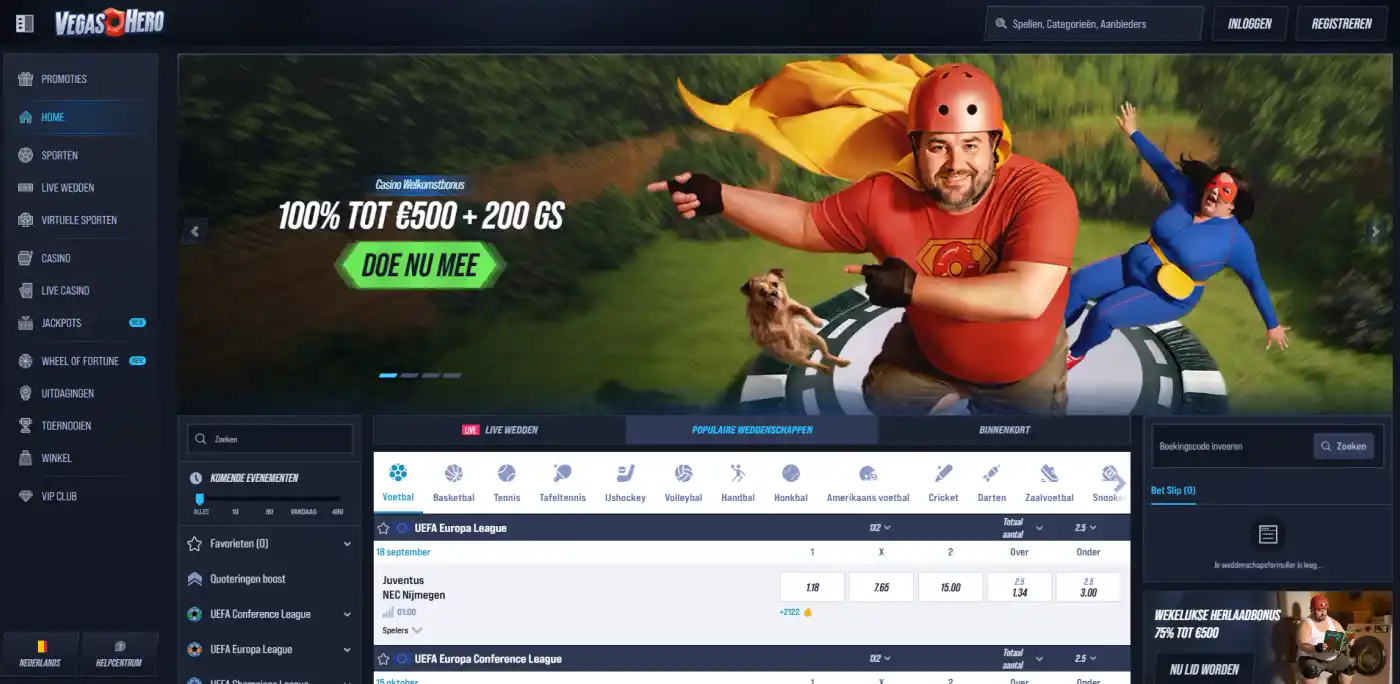 weergave van de Nederlandstalige VegasHero-interface